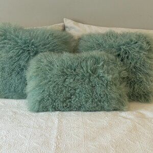 Luxury Mongolian Lamb Fur Pillow Set | Turquoise| 3-Piece | Designer Home